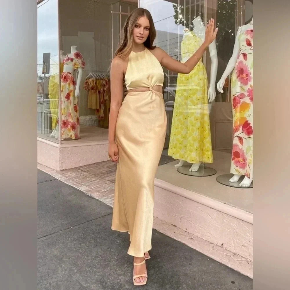 NWT Free People Bec & Bridge Carrie Halter Satin Maxi Dress in Yellow Gold